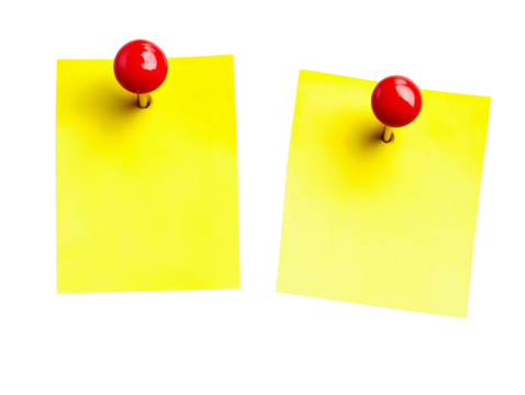 Two yellow sticky notes with red push pins isolated transparent background