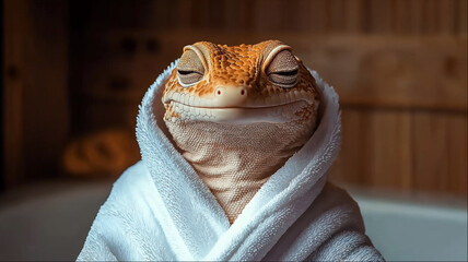 Cute smiling lizard wrapped in white towel with relaxed expression in humorous spa treatment concept