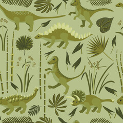 Obraz premium vector drawing seamless pattern with green dinosaurs, plants and leaves, cartoon background, hand drawn illustration