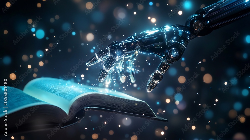 Poster a robotic hand reaching towards an open book with glowing particles and bokeh background