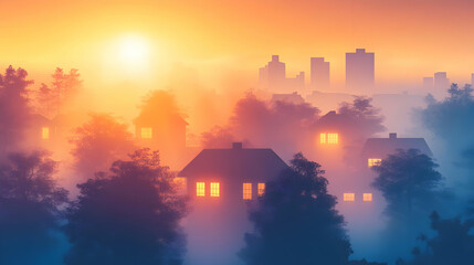 Fototapeta premium Misty Sunrise Over Cityscape With Houses