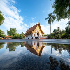 Obraz premium Serene Reflection of Traditional Temple Under Bright Blue Sky