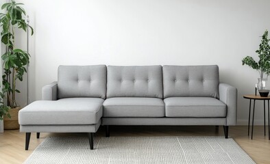 Modern gray sectional sofa in a bright living room with plants
