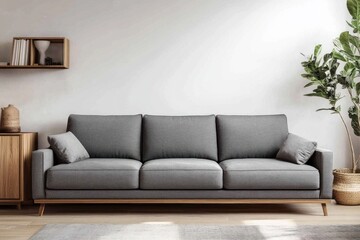Modern gray sofa in minimalist living room with wooden accents