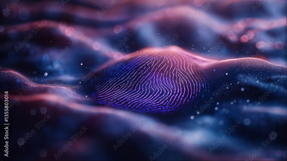 Wall mural purple biometric fingerprint scan with glowing neon technology for digital security authentication