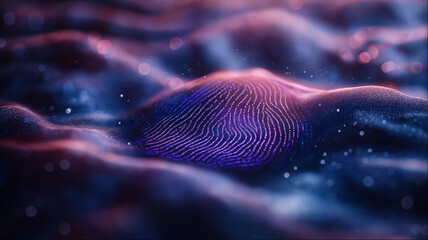 Purple biometric fingerprint scan with glowing neon technology for digital security authentication