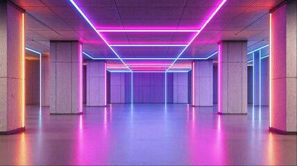 Futuristic purple and pink neon corridor with illuminated perspective in modern minimalist architecture