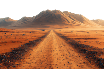 A scenic dirt road leads through an arid desert landscape bordered by distant mountains.