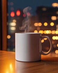 Obraz premium Warm Mug of Coffee Night City Lights Background Cozy Evening Atmosphere