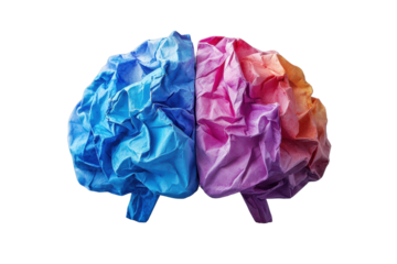 Colorful crumpled paper brain representing creativity and thought, isolated on white background.