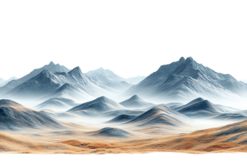 A serene landscape featuring majestic mountains shrouded in mist and rolling hills in the foreground.