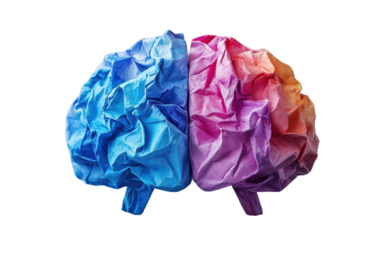 Colorful crumpled paper brain representing creativity and thought, isolated on white background.