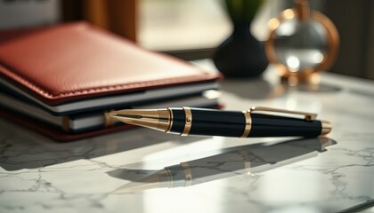 Elegant Fountain Pen and Notebook on Desk with Decorative Vase and Globe