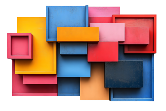 Colorful geometric shapes in various sizes, creatively arranged on a white isolated background.