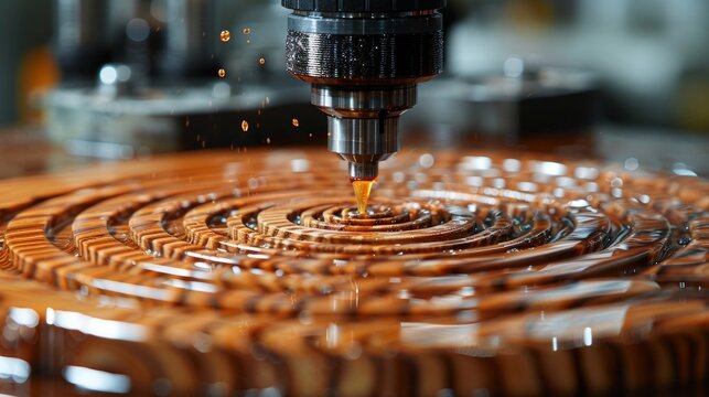 Woodworking close-up drill bit creating circular pattern in wood, shavings, and sawdust.