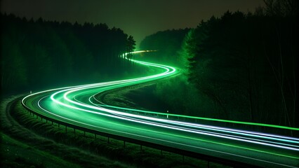 Green Light Trails on Road, Night Road Photography, Long Exposure Road Lights, Dark Forest Road Scene, Motion Blur Road Image, Glowing Road in Forest, Abstract Road Lights Art