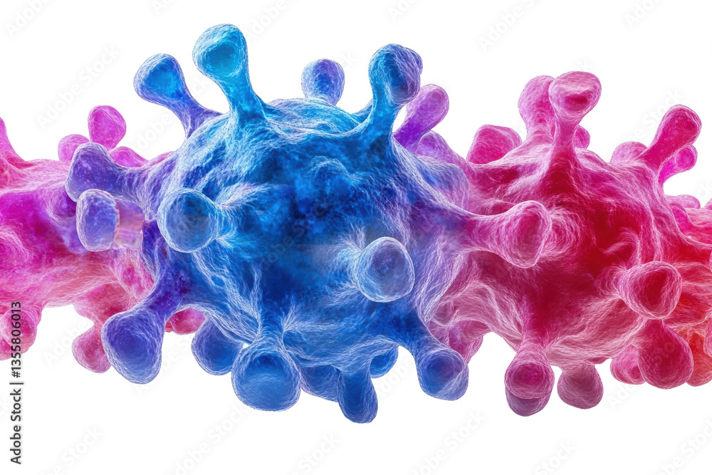 Poster Colorful representation of viral particles on a white isolate background, highlighting their intricate structure and design.