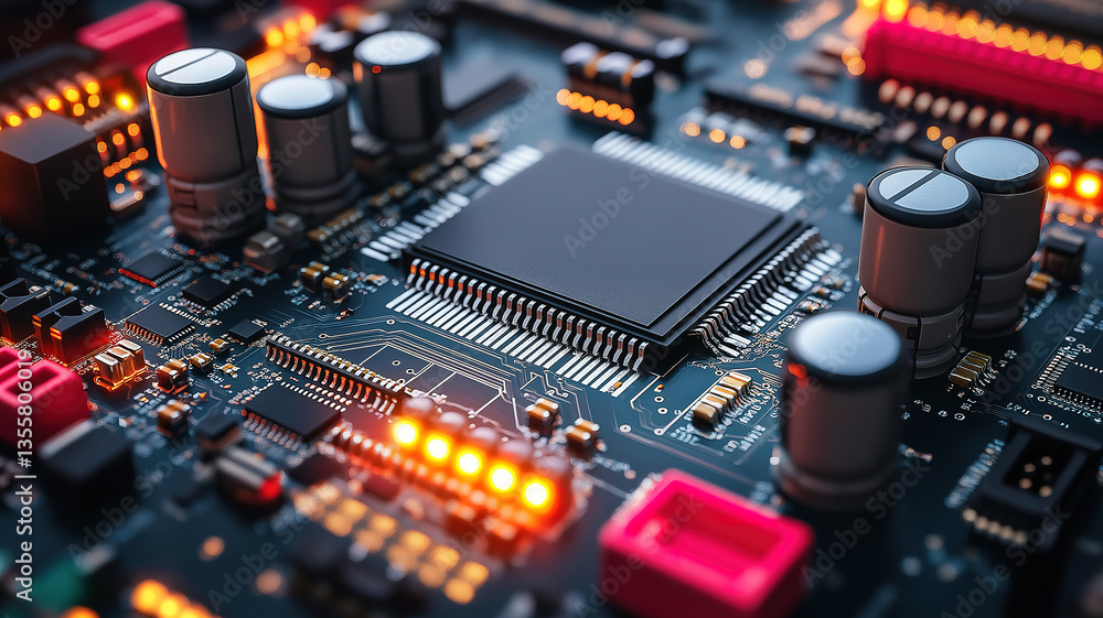 Poster close-up of an electronic circuit board isolated on a white background highlighting its intricate ci