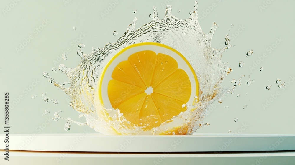 Poster a lemon slice splashing into water, creating a vibrant, dynamic scene.