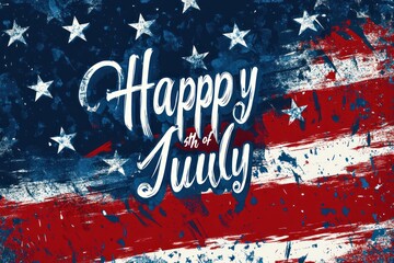 A modern graphic design background featuring "Happy 4th of July" in elegant calligraphy, layered over a subtle USA flag texture.