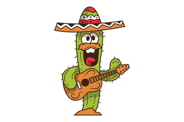 Cute Cactus Cartoon Character Playing Guitar