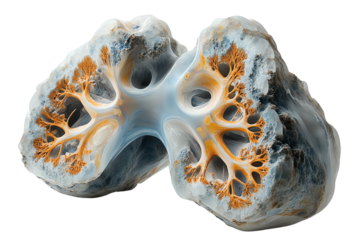 A striking geological formation resembling lungs, showcasing intricate patterns and colors in a unique abstract style.