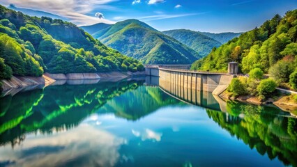 Serene Reservoir Embankment with Lush Foliage and Striking Reflection in Tranquil Waters