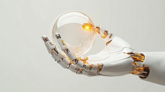 A robotic hand gently cradles a glowing glass sphere against a white backdrop.