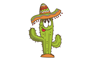 Cute Cactus Cartoon Character With Sombrero Hat Dancing