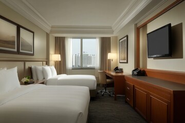 Modern hotel room with city view, double beds, and desk