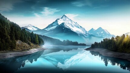 Serene Mountain Lake Reflection  Majestic Peaks  Tranquil Nature Escape