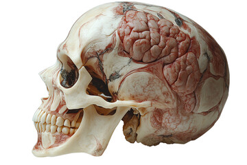 Detailed anatomical skull model showcasing brain structure in profile view, on a white isolated background.
