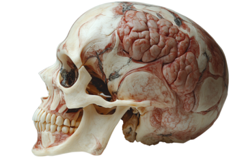 Detailed anatomical skull model showcasing brain structure in profile view, on a white isolated background.