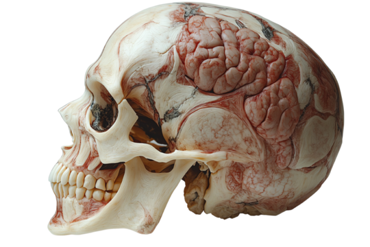 Detailed anatomical skull model showcasing brain structure in profile view, on a white isolated background.