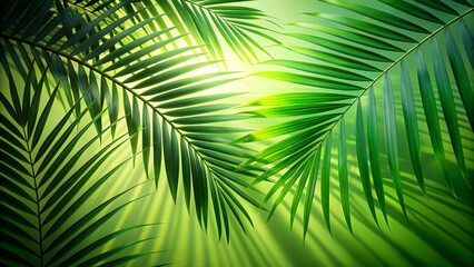 Sun shining through lush green palm leaves. Tropical nature background, summer vacation, paradise, or ecology concept.