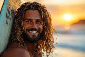 A happy surfer with long blond hair smiles at sunset. Warm tones and ocean vibes.