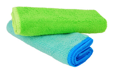 Group of polyester fabric microfibre washable cleaning cloths isolated on a white background