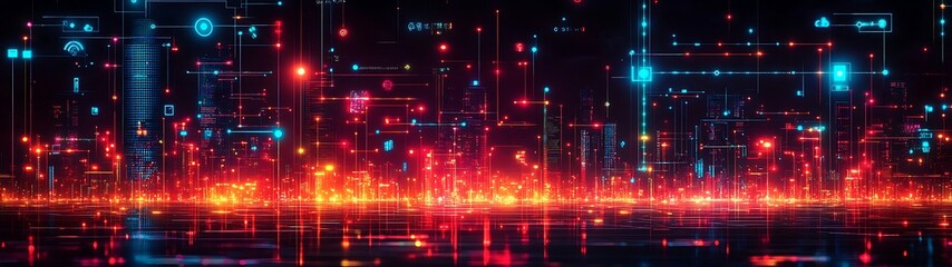 Obraz premium A futuristic urban landscape illuminated with interconnected data streams