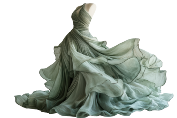 Elegant green flowing dress on a mannequin, showcasing fine fabric and design, isolated on white background.