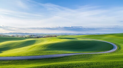 Obraz premium Scenic Country Road Winding Through Rolling Green Hills Landscape