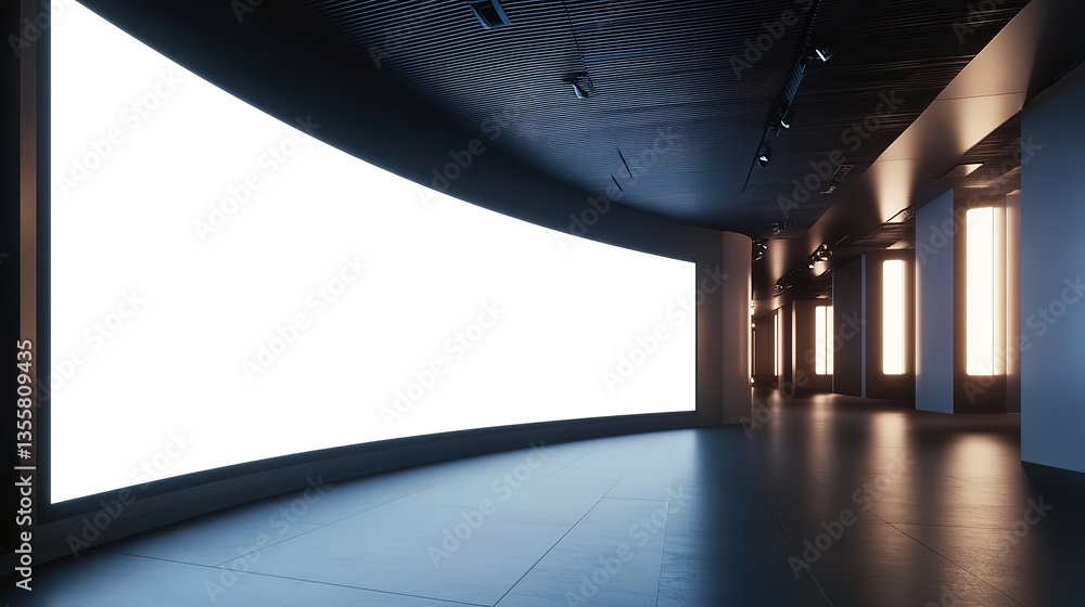 Poster blank curved digital display screen in modern exhibition space with dark ceiling and lighting fixtur