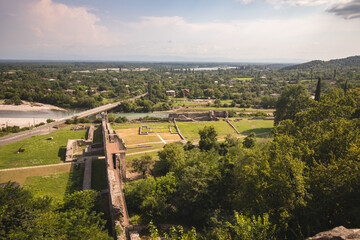 Aerial view of the old bridge over the river from Nokalakevi fort in Georgia.