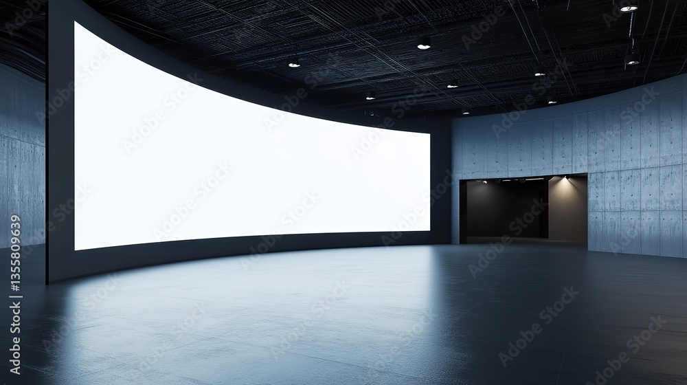 Poster blank curved digital display screen in modern exhibition space with dark ceiling and lighting fixtur