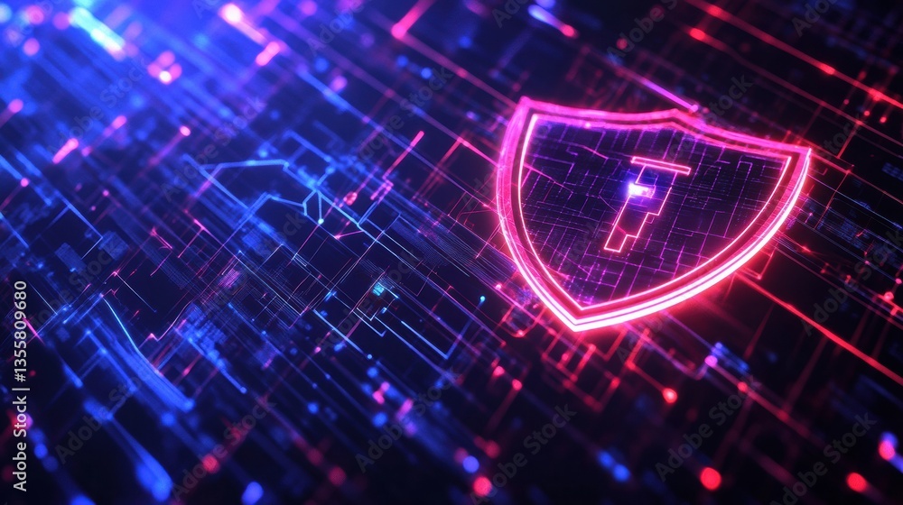Poster glowing shield symbol represents futuristic security concept with digital aesthetics and neon lights