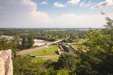 Aerial view of the old bridge over the river from Nokalakevi fort in Georgia.