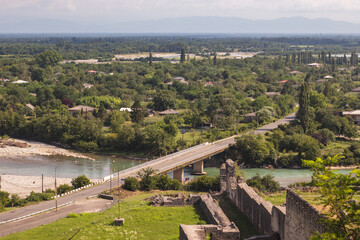 Aerial view of the old bridge over the river from Nokalakevi fort in Georgia.