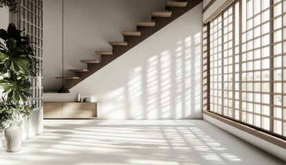 Modern Japanese interior, sunlit stairwell, minimalist living