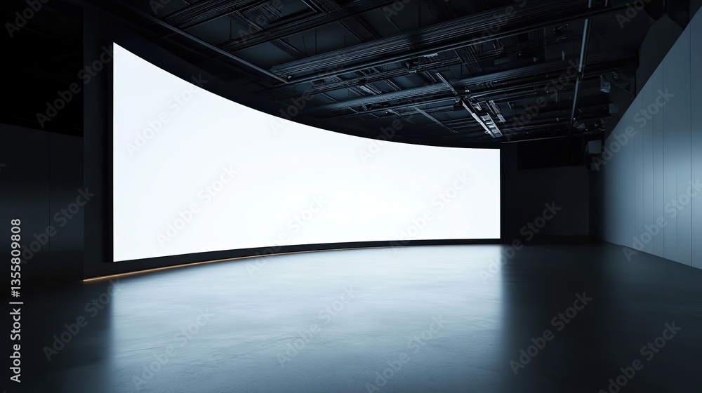 Aufkleber blank curved digital display screen in modern exhibition space with dark ceiling and lighting fixtur