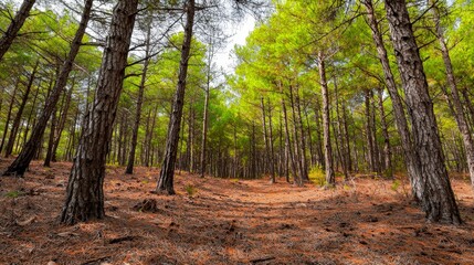 Obraz premium Serene Pine Forest Landscape Sunlit Trees Tranquil Nature Scene