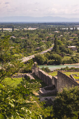 Aerial view of the old bridge over the river from Nokalakevi fort in Georgia.